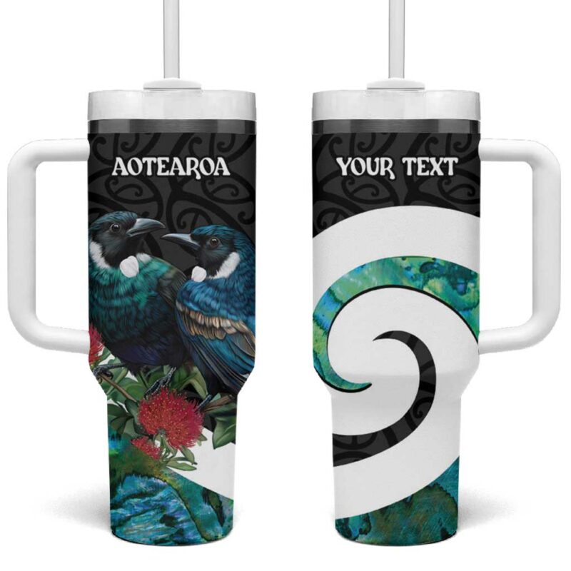 Valentine‚Äôs Day New Zealand Tui Bird Couple Kowhaiwhai Mix Pohutukawa Custom Stanley Quencher 40oz Stainless Steel Tumbler With Handle - Threewoofs - Image 2
