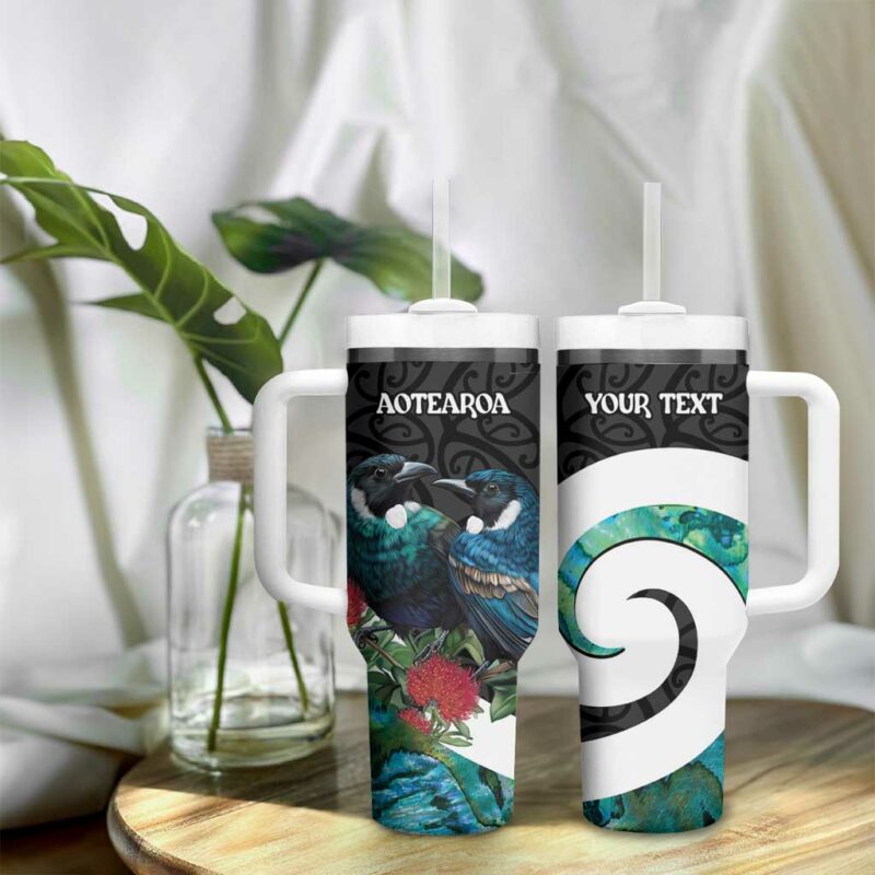 Valentine‚Äôs Day New Zealand Tui Bird Couple Kowhaiwhai Mix Pohutukawa Custom Stanley Quencher 40oz Stainless Steel Tumbler With Handle - Threewoofs - Image 9