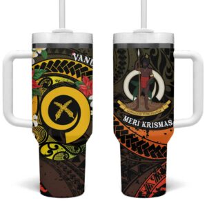 Vanuatu Christmas Vanuatuan Pig Tusk Meri Krismas! Custom Stanley Quencher 40oz Stainless Steel Tumbler With Handle - Threewoofs