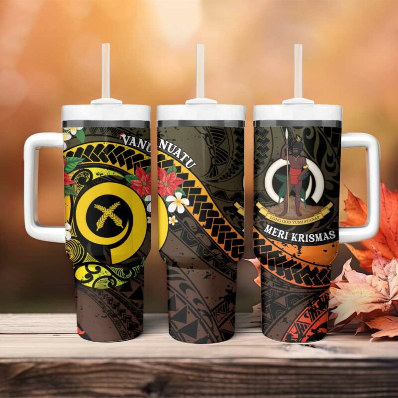 Vanuatu Christmas Vanuatuan Pig Tusk Meri Krismas! Custom Stanley Quencher 40oz Stainless Steel Tumbler With Handle - Threewoofs - Image 4