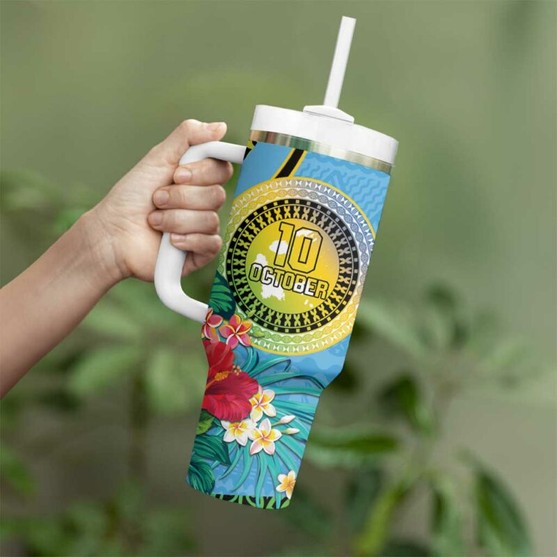 Vanuatu Malampa Fiji Day Happy 10 October With Maps Tropical Flowers Custom Stanley Quencher 40oz Stainless Steel Tumbler With Handle - Threewoofs - Image 3