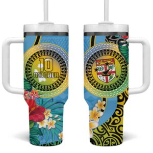 Vanuatu Malampa Fiji Day Happy 10 October With Maps Tropical Flowers Custom Stanley Quencher 40oz Stainless Steel Tumbler With Handle - Threewoofs