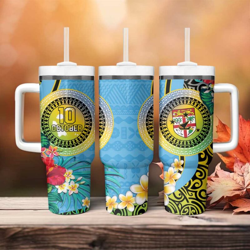 Vanuatu Malampa Fiji Day Happy 10 October With Maps Tropical Flowers Custom Stanley Quencher 40oz Stainless Steel Tumbler With Handle - Threewoofs - Image 4