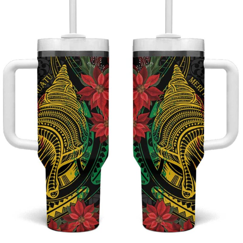 Vanuatu Meri Krismas Conch Shell Tribal Art Custom Stanley Quencher 40oz Stainless Steel Tumbler With Handle - Threewoofs