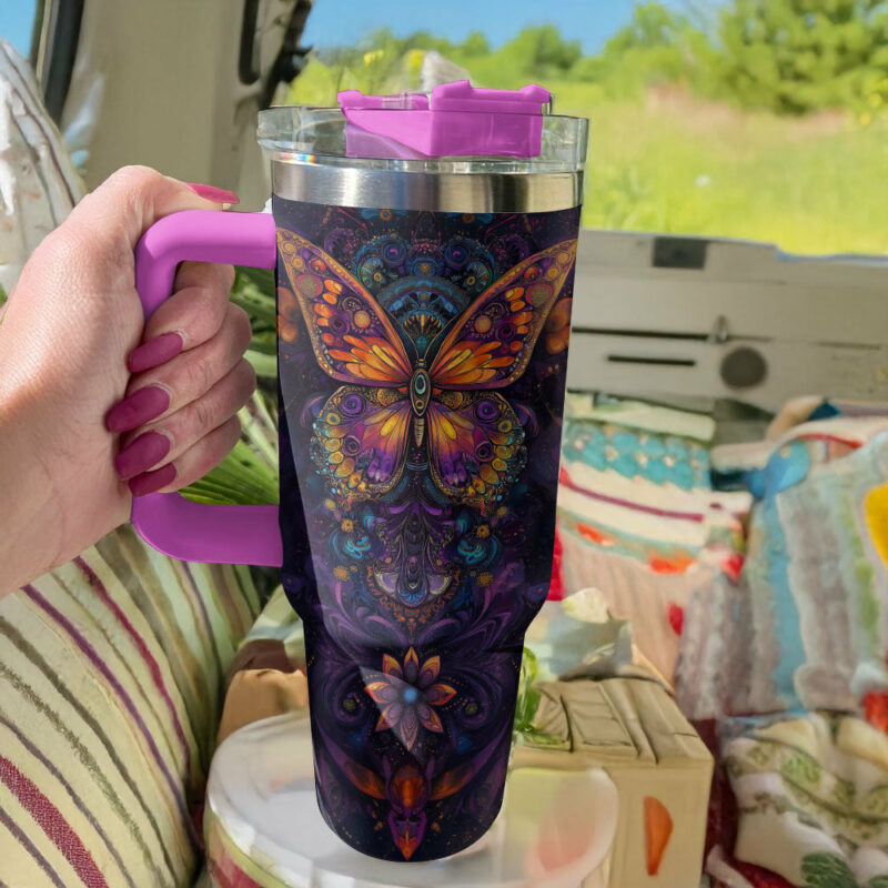 Verre Boho Butterfly Dreams Custom Stanley Quencher 40oz Stainless Steel Tumbler With Handle - Threewoofs - Image 2