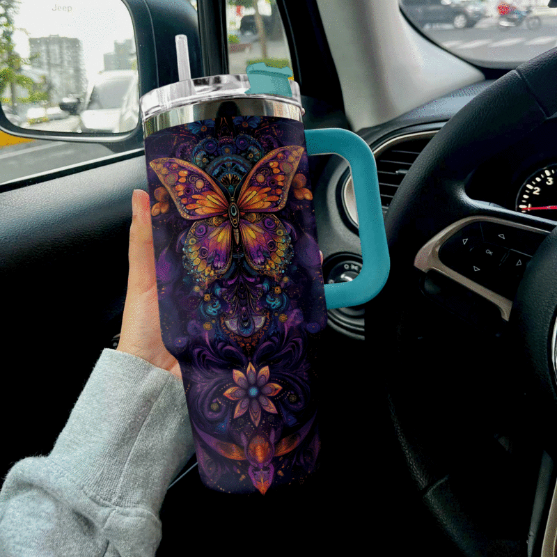 Verre Boho Butterfly Dreams Custom Stanley Quencher 40oz Stainless Steel Tumbler With Handle - Threewoofs - Image 3
