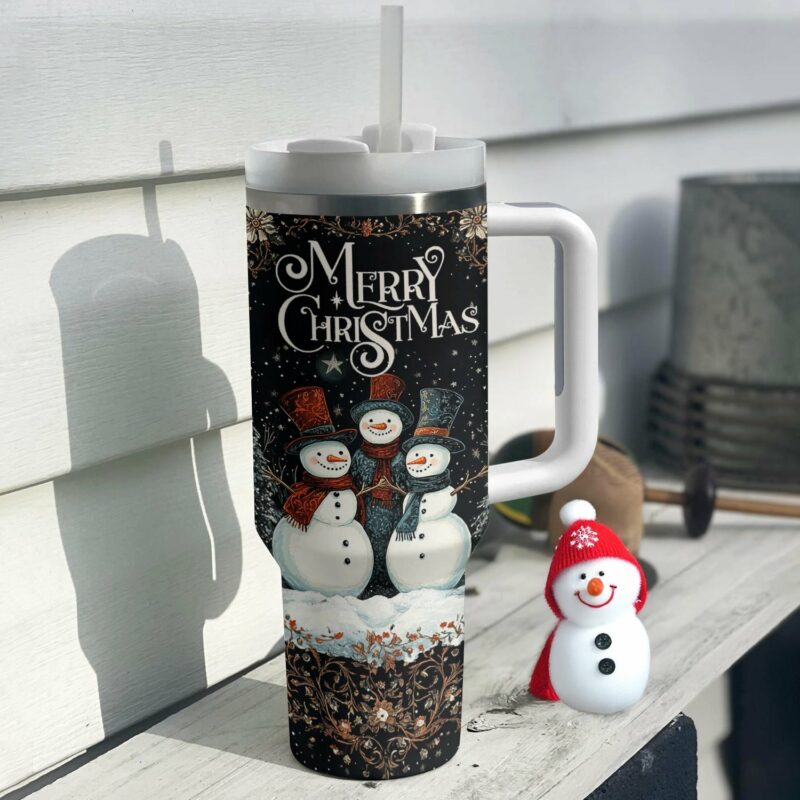 Vibrant Christmas Night Of Snowmen Custom Stanley Quencher 40oz Stainless Steel Tumbler With Handle - Threewoofs - Image 2