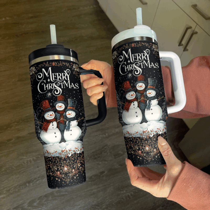 Vibrant Christmas Night Of Snowmen Custom Stanley Quencher 40oz Stainless Steel Tumbler With Handle - Threewoofs - Image 3