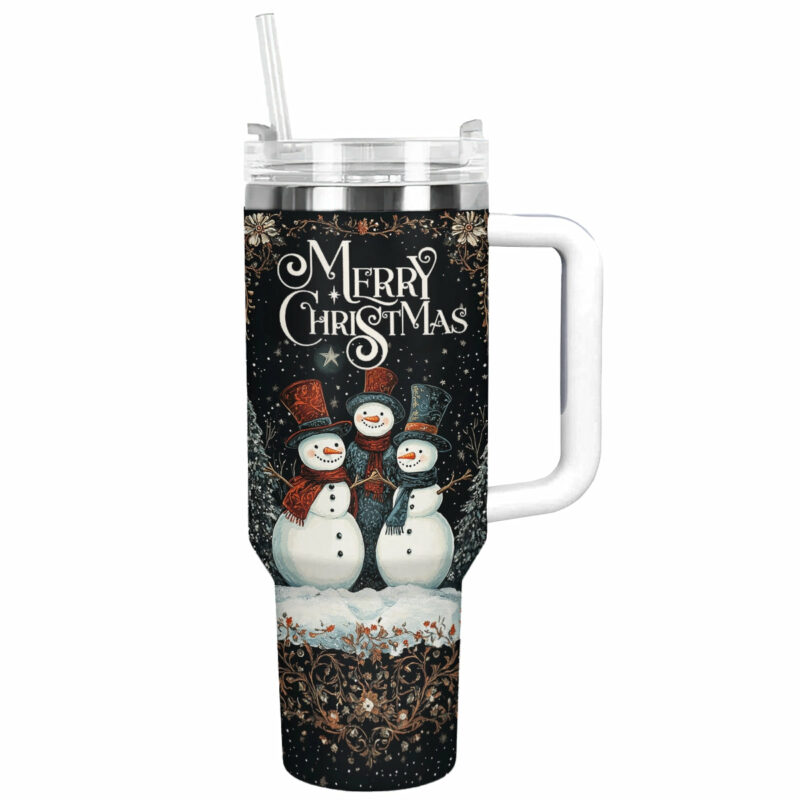 Vibrant Christmas Night Of Snowmen Custom Stanley Quencher 40oz Stainless Steel Tumbler With Handle - Threewoofs