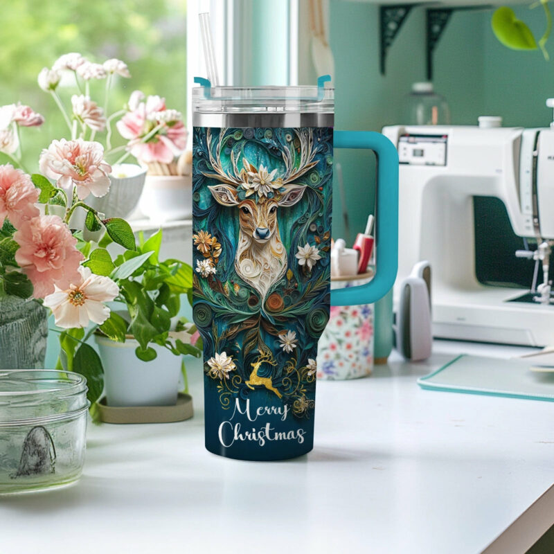 Vintage Christmas Reindeer Custom Stanley Quencher 40oz Stainless Steel Tumbler With Handle - Threewoofs - Image 3