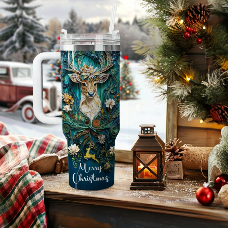 Vintage Christmas Reindeer Custom Stanley Quencher 40oz Stainless Steel Tumbler With Handle - Threewoofs - Image 2