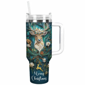 Vintage Christmas Reindeer Custom Stanley Quencher 40oz Stainless Steel Tumbler With Handle - Threewoofs
