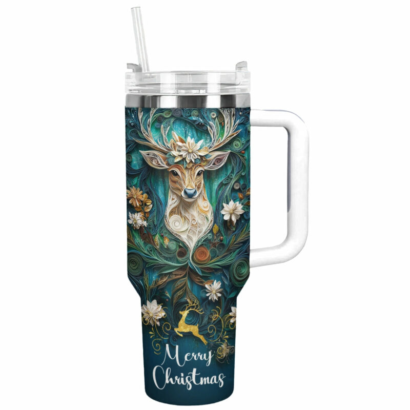Vintage Christmas Reindeer Custom Stanley Quencher 40oz Stainless Steel Tumbler With Handle - Threewoofs