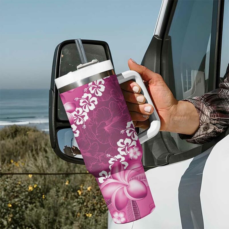 Vintage Pink Polynesia Plumeria With Hibiscus Tropical Custom Stanley Quencher 40oz Stainless Steel Tumbler With Handle - Threewoofs - Image 7