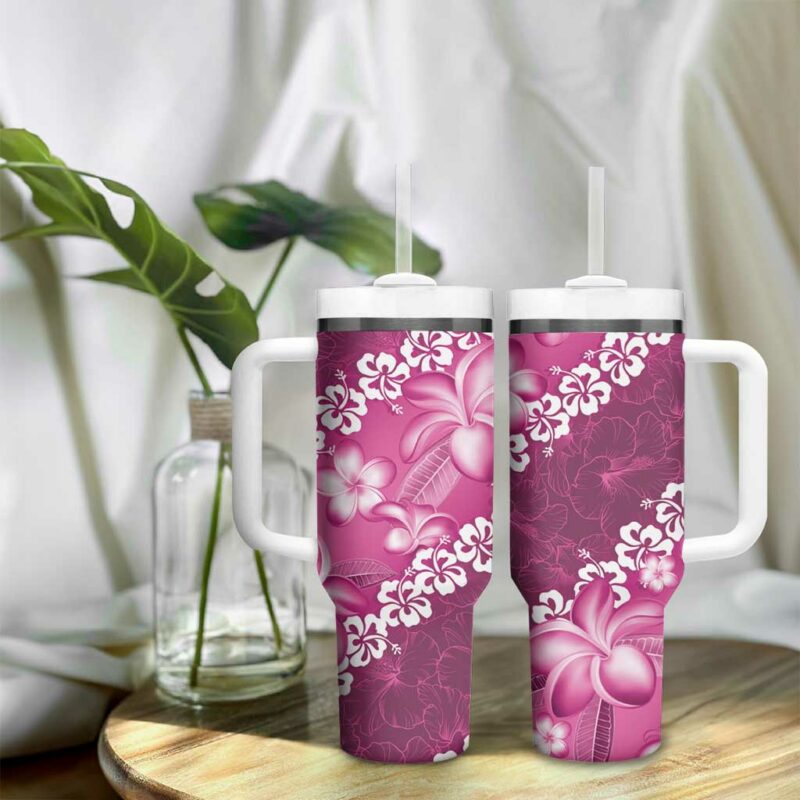 Vintage Pink Polynesia Plumeria With Hibiscus Tropical Custom Stanley Quencher 40oz Stainless Steel Tumbler With Handle - Threewoofs - Image 9