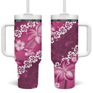 Vintage Pink Polynesia Plumeria With Hibiscus Tropical Custom Stanley Quencher 40oz Stainless Steel Tumbler With Handle - Threewoofs