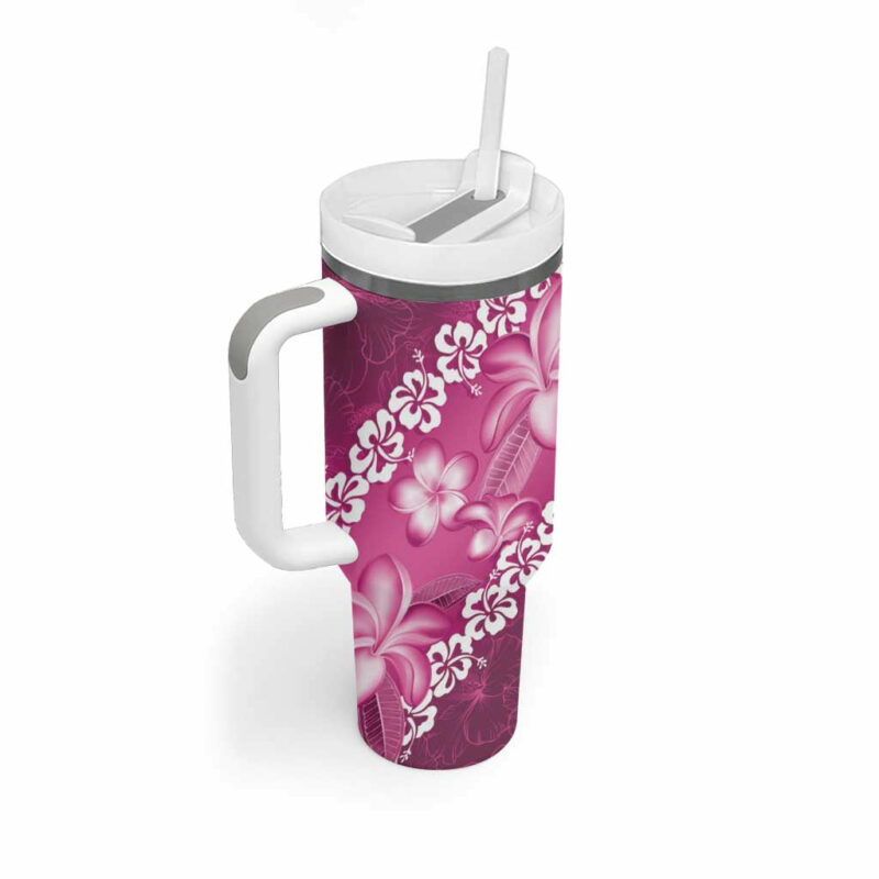 Vintage Pink Polynesia Plumeria With Hibiscus Tropical Custom Stanley Quencher 40oz Stainless Steel Tumbler With Handle - Threewoofs - Image 2