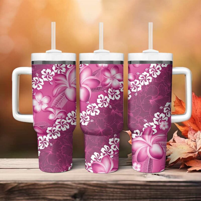 Vintage Pink Polynesia Plumeria With Hibiscus Tropical Custom Stanley Quencher 40oz Stainless Steel Tumbler With Handle - Threewoofs - Image 4
