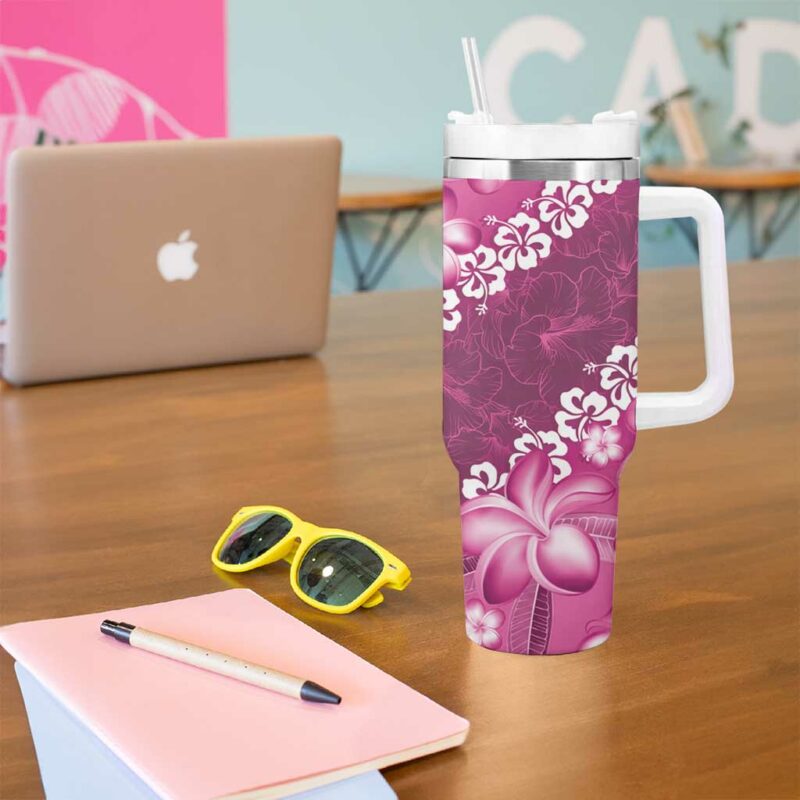 Vintage Pink Polynesia Plumeria With Hibiscus Tropical Custom Stanley Quencher 40oz Stainless Steel Tumbler With Handle - Threewoofs - Image 5
