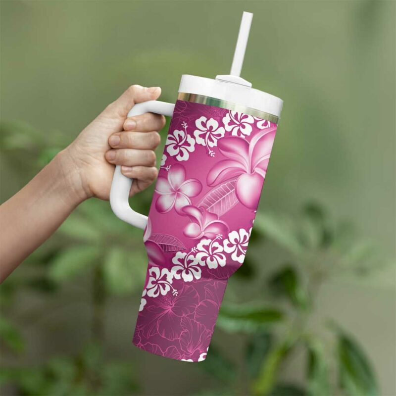 Vintage Pink Polynesia Plumeria With Hibiscus Tropical Custom Stanley Quencher 40oz Stainless Steel Tumbler With Handle - Threewoofs - Image 3