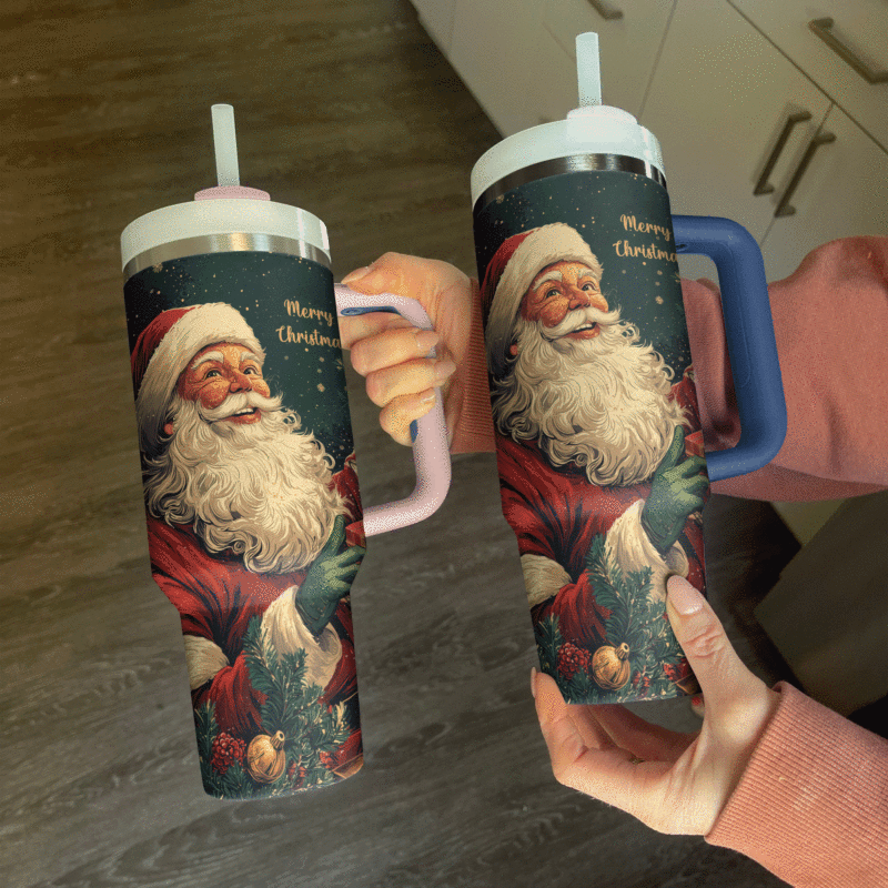 Vintage Santa Claus Christmas Custom Stanley Quencher 40oz Stainless Steel Tumbler With Handle - Threewoofs - Image 3