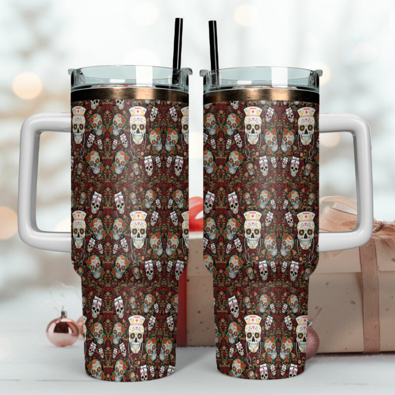 Vintage Skull Nurse Custom Stanley Quencher 40oz Stainless Steel Tumbler With Handle - Threewoofs - Image 4
