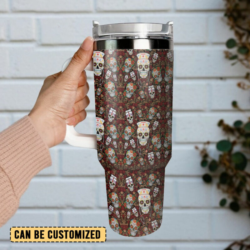 Vintage Skull Nurse Custom Stanley Quencher 40oz Stainless Steel Tumbler With Handle - Threewoofs - Image 3