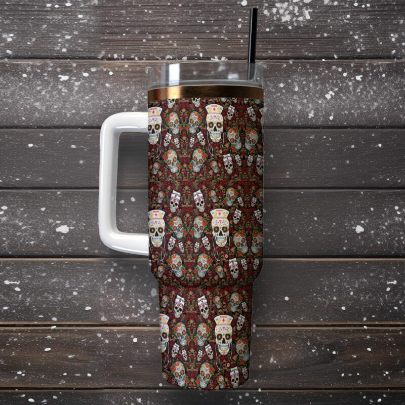 Vintage Skull Nurse Custom Stanley Quencher 40oz Stainless Steel Tumbler With Handle - Threewoofs - Image 2