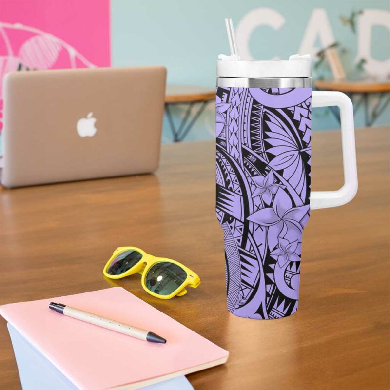 Violet Pacific Flowers Tribal Polynesian Custom Stanley Quencher 40oz Stainless Steel Tumbler With Handle - Threewoofs - Image 5