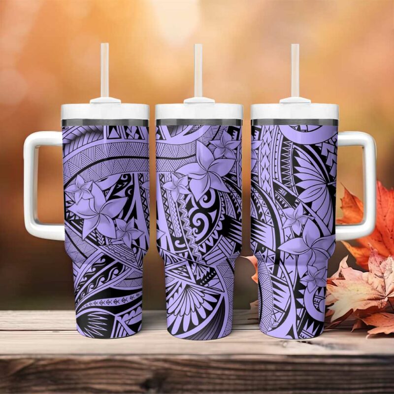 Violet Pacific Flowers Tribal Polynesian Custom Stanley Quencher 40oz Stainless Steel Tumbler With Handle - Threewoofs - Image 4