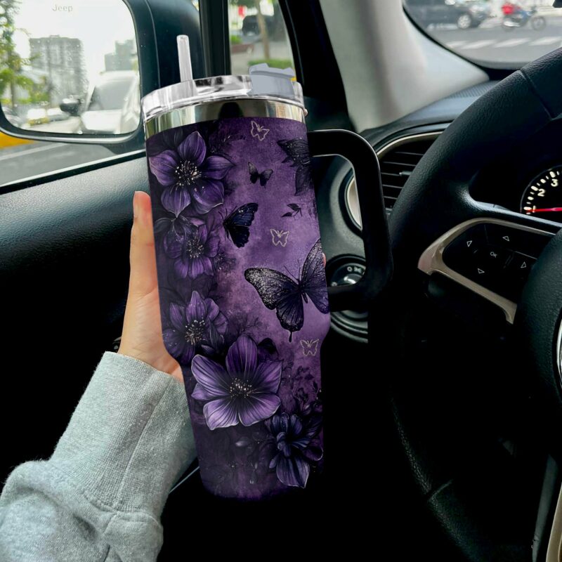 Violet Passion Butterfly Custom Stanley Quencher 40oz Stainless Steel Tumbler With Handle - Threewoofs - Image 3