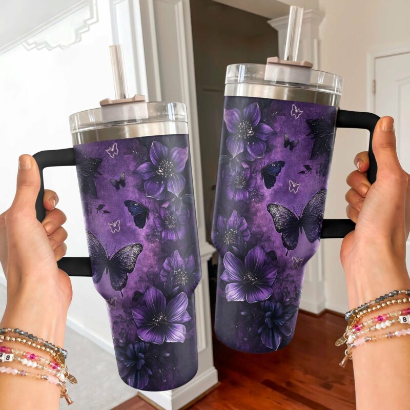 Violet Passion Butterfly Custom Stanley Quencher 40oz Stainless Steel Tumbler With Handle - Threewoofs - Image 4