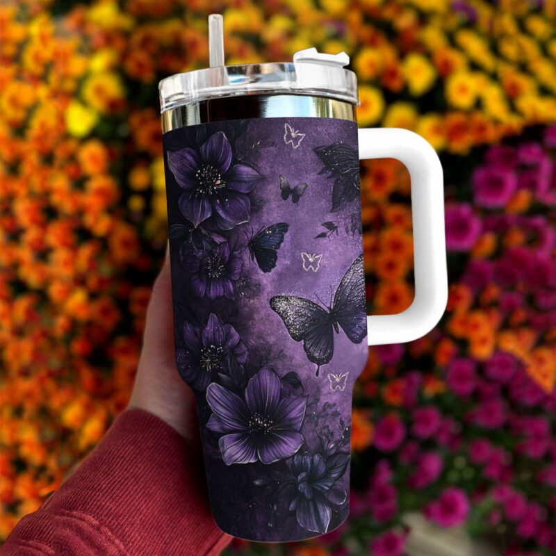 Violet Passion Butterfly Custom Stanley Quencher 40oz Stainless Steel Tumbler With Handle - Threewoofs - Image 2
