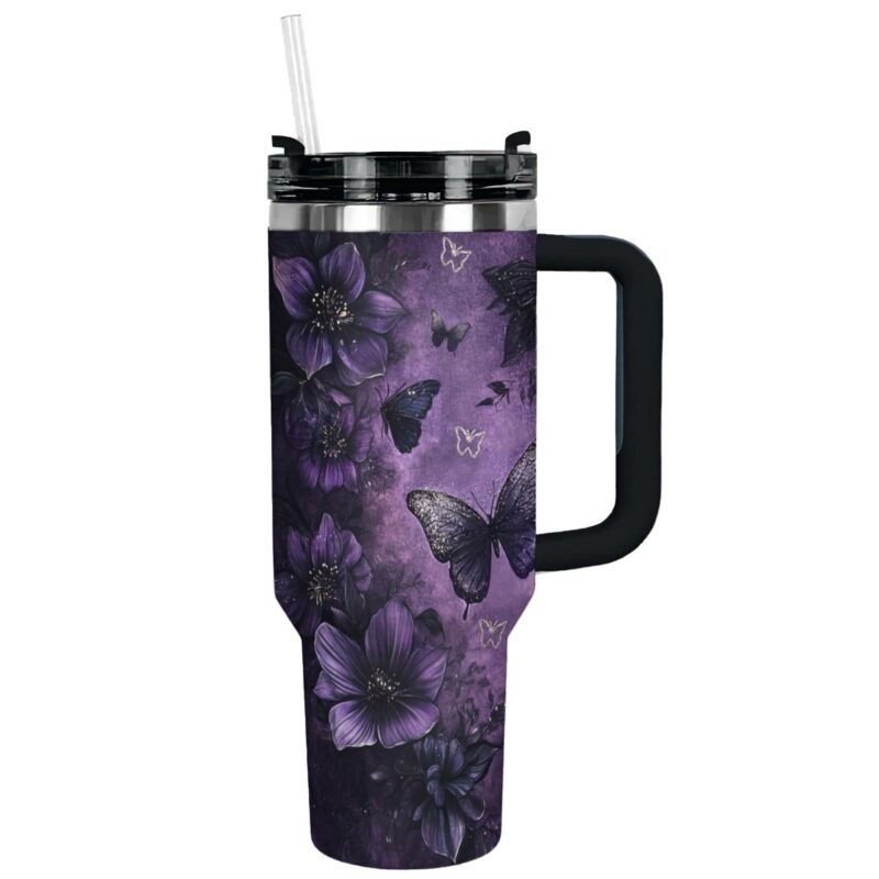 Violet Passion Butterfly Custom Stanley Quencher 40oz Stainless Steel Tumbler With Handle - Threewoofs
