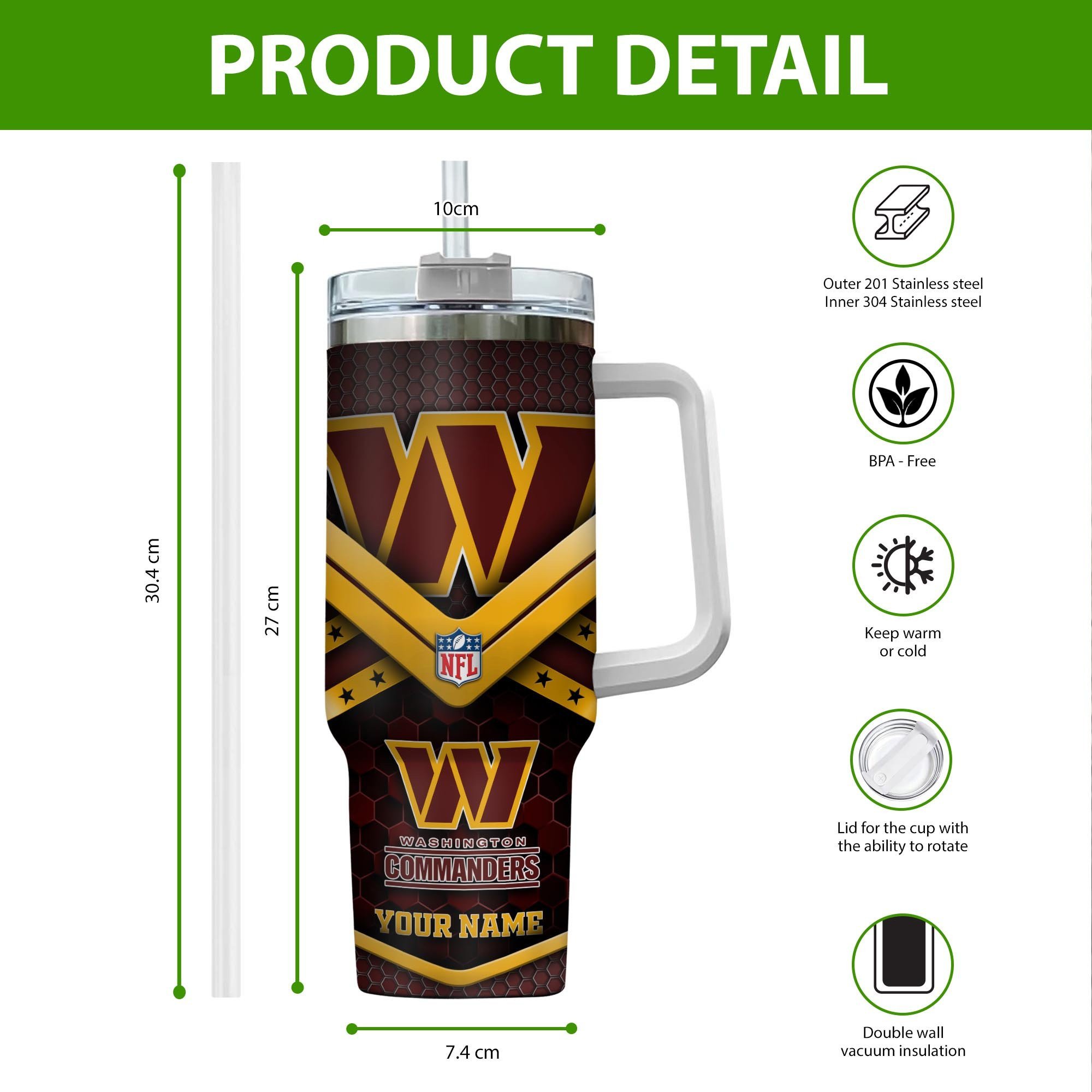 Personalized Washington Commanders NFL Tumbler with Handle & Straw - Image 2