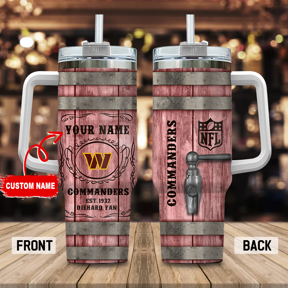 Custom Engraved NFL Commanders Barrel Mug with Handle & Straw - Personalize Your Drinkware - Image 3