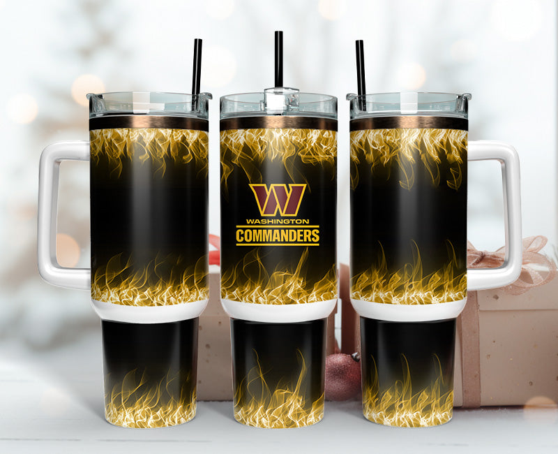 Washington Commanders Flame Design Travel Mug - Insulated Tumbler with Handle & Straw