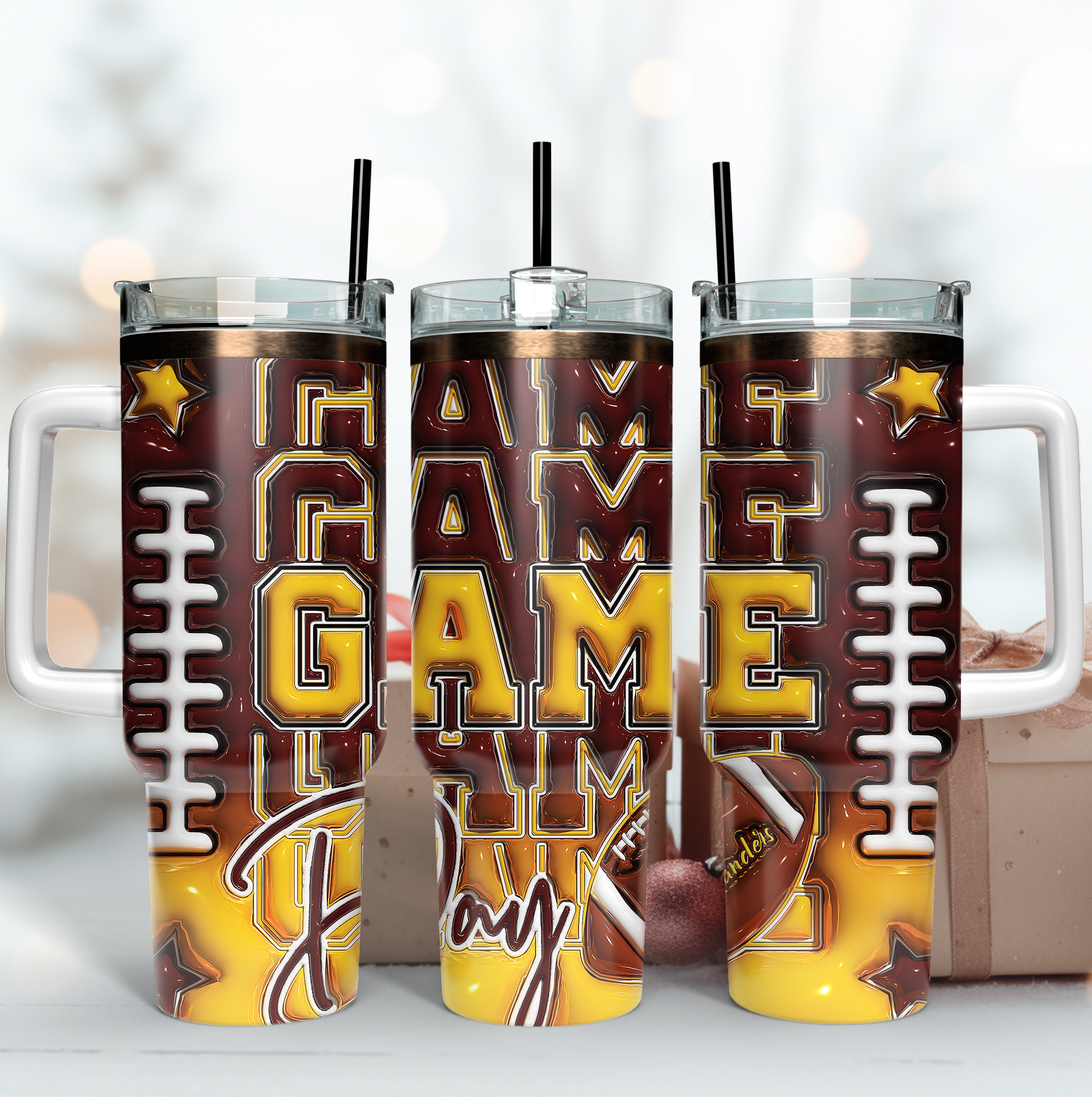Football Game Day Tumbler with Handle - Insulated Sports Drinkware