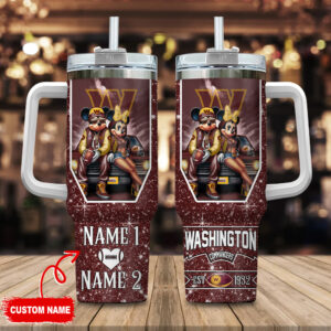 Custom Name Football-Themed Tumbler with Handle - Mickey and Minnie Design