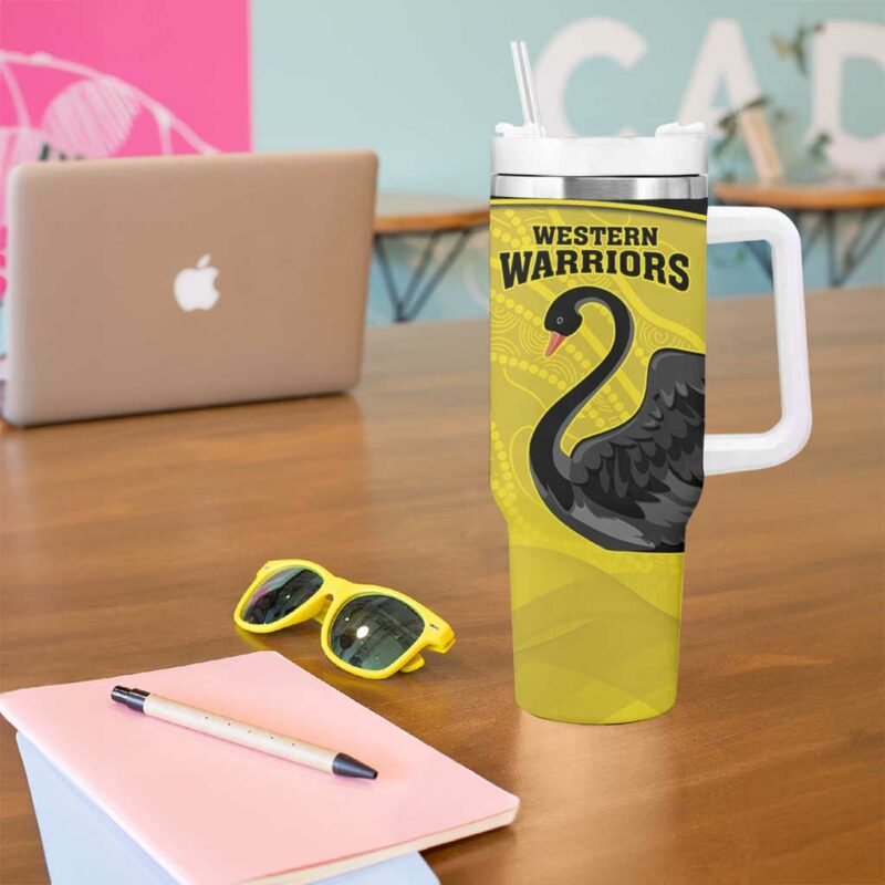 Western Australia Cricket Go Warriors Black Swans ‚Äì Aboriginal Art Custom Stanley Quencher 40oz Stainless Steel Tumbler With Handle - Threewoofs - Image 5