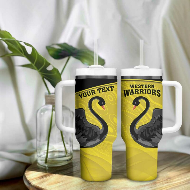 Western Australia Cricket Go Warriors Black Swans ‚Äì Aboriginal Art Custom Stanley Quencher 40oz Stainless Steel Tumbler With Handle - Threewoofs - Image 9