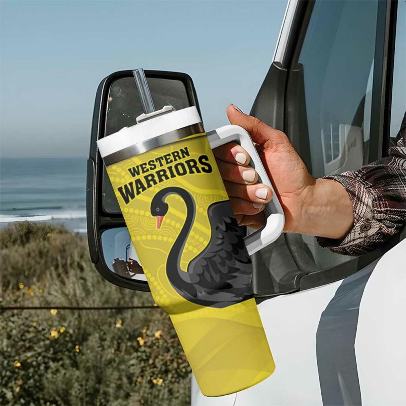 Western Australia Cricket Go Warriors Black Swans ‚Äì Aboriginal Art Custom Stanley Quencher 40oz Stainless Steel Tumbler With Handle - Threewoofs - Image 7