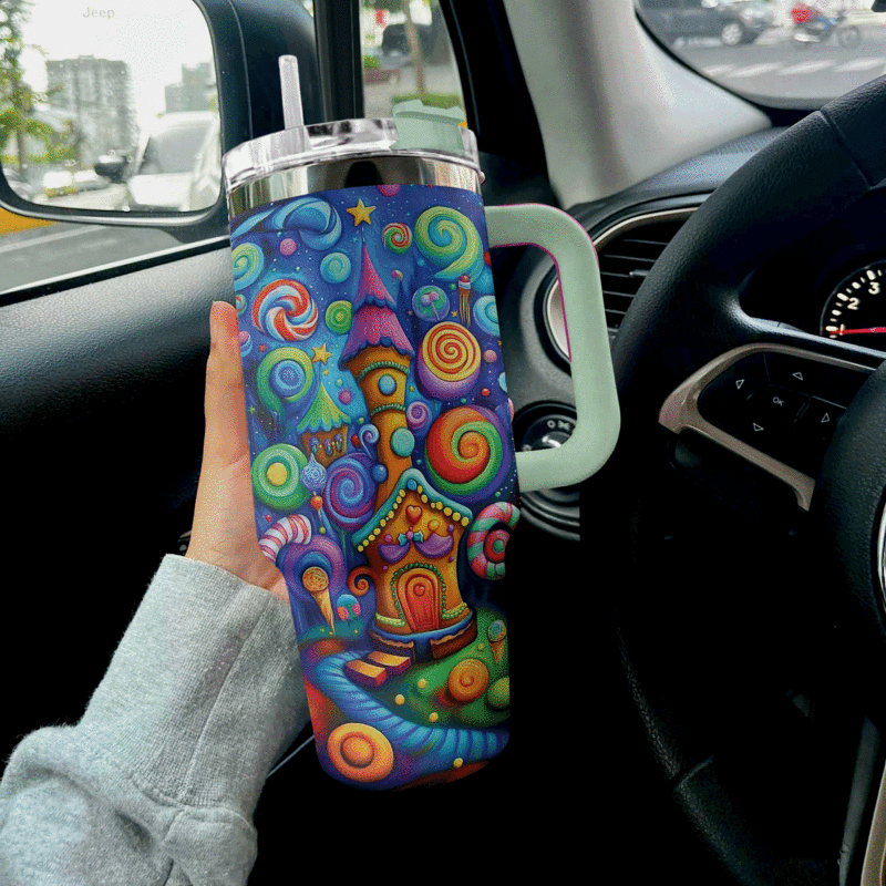 Whimsical Candy Wonderland Christmas Custom Stanley Quencher 40oz Stainless Steel Tumbler With Handle - Threewoofs - Image 3