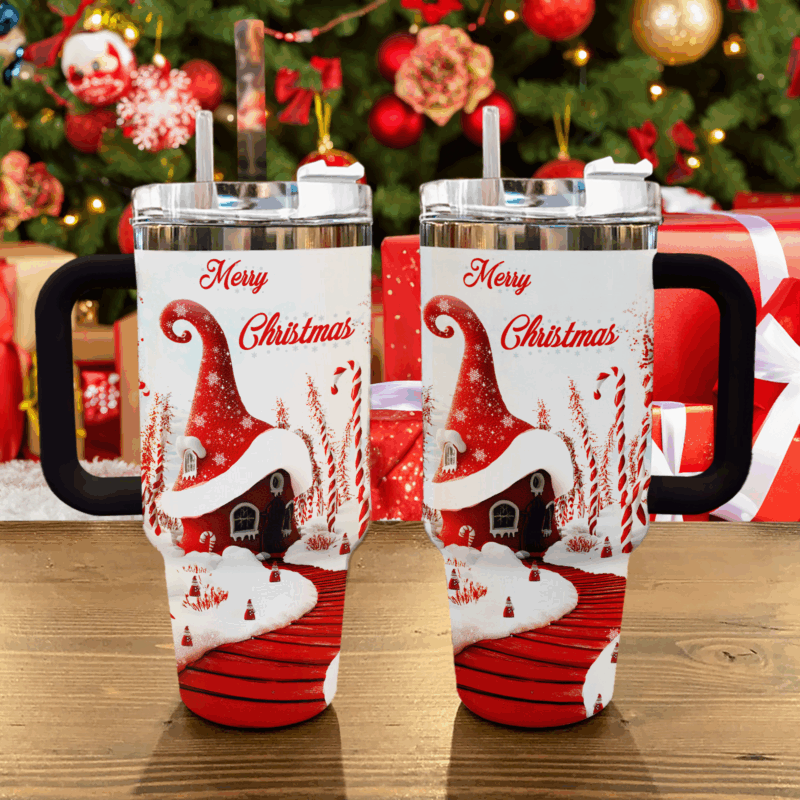 Whimsical Red House Christmas Custom Stanley Quencher 40oz Stainless Steel Tumbler With Handle - Threewoofs - Image 2