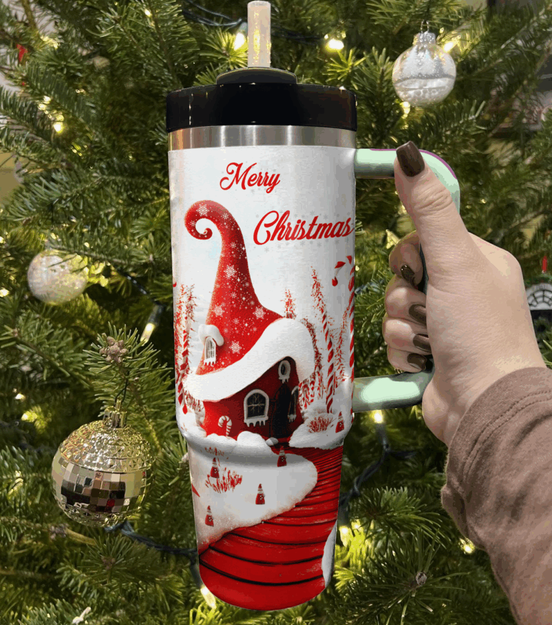 Whimsical Red House Christmas Custom Stanley Quencher 40oz Stainless Steel Tumbler With Handle - Threewoofs - Image 3