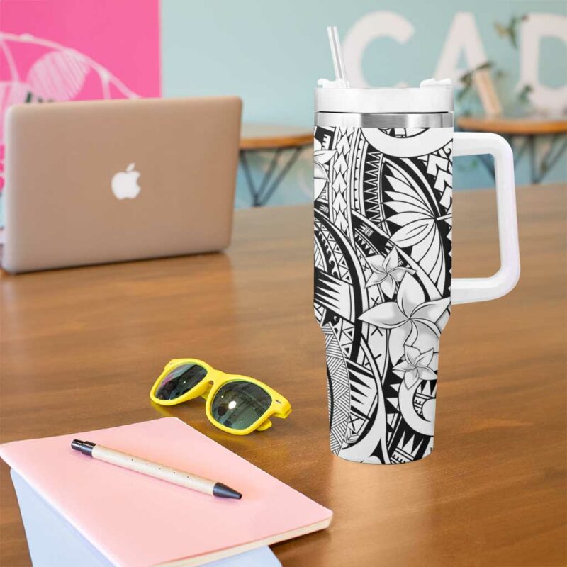 White Pacific Flowers Tribal Polynesian Custom Stanley Quencher 40oz Stainless Steel Tumbler With Handle - Threewoofs - Image 5