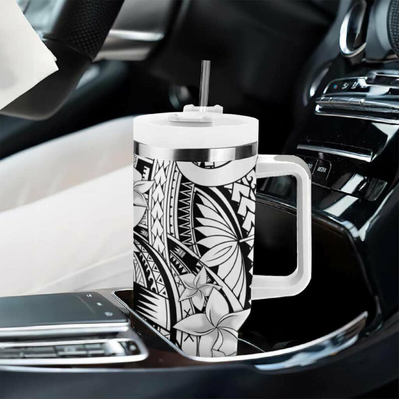 White Pacific Flowers Tribal Polynesian Custom Stanley Quencher 40oz Stainless Steel Tumbler With Handle - Threewoofs - Image 8