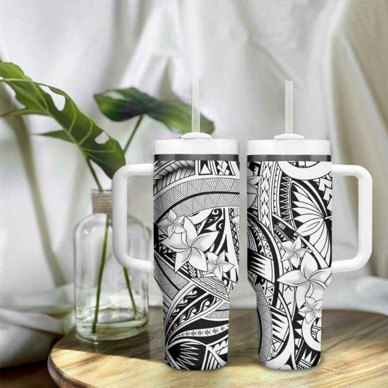 White Pacific Flowers Tribal Polynesian Custom Stanley Quencher 40oz Stainless Steel Tumbler With Handle - Threewoofs - Image 9