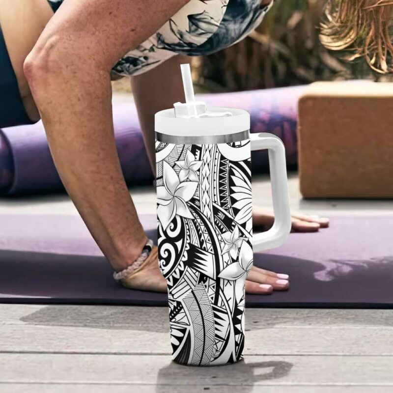 White Pacific Flowers Tribal Polynesian Custom Stanley Quencher 40oz Stainless Steel Tumbler With Handle - Threewoofs - Image 6