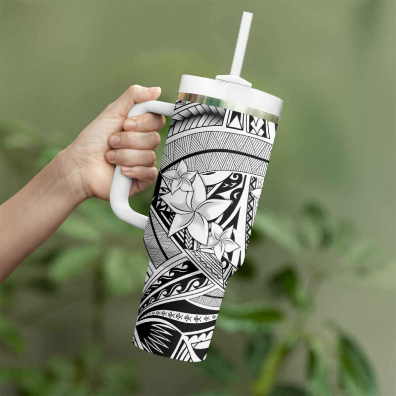 White Pacific Flowers Tribal Polynesian Custom Stanley Quencher 40oz Stainless Steel Tumbler With Handle - Threewoofs - Image 3